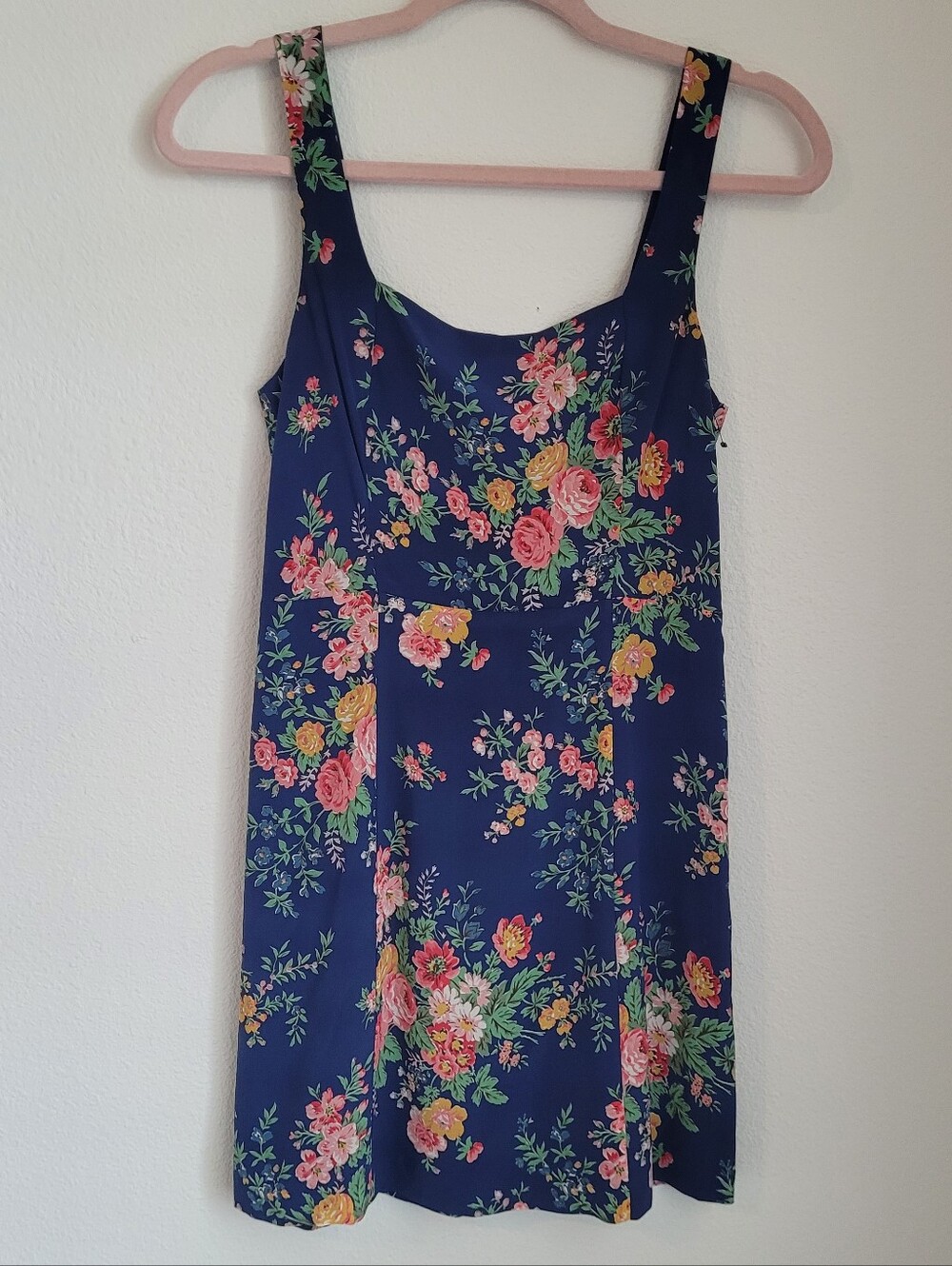Sézane 100% Silk Floral Dress Blue Smocked Back Parisian Chic Size FR 34 US 2
